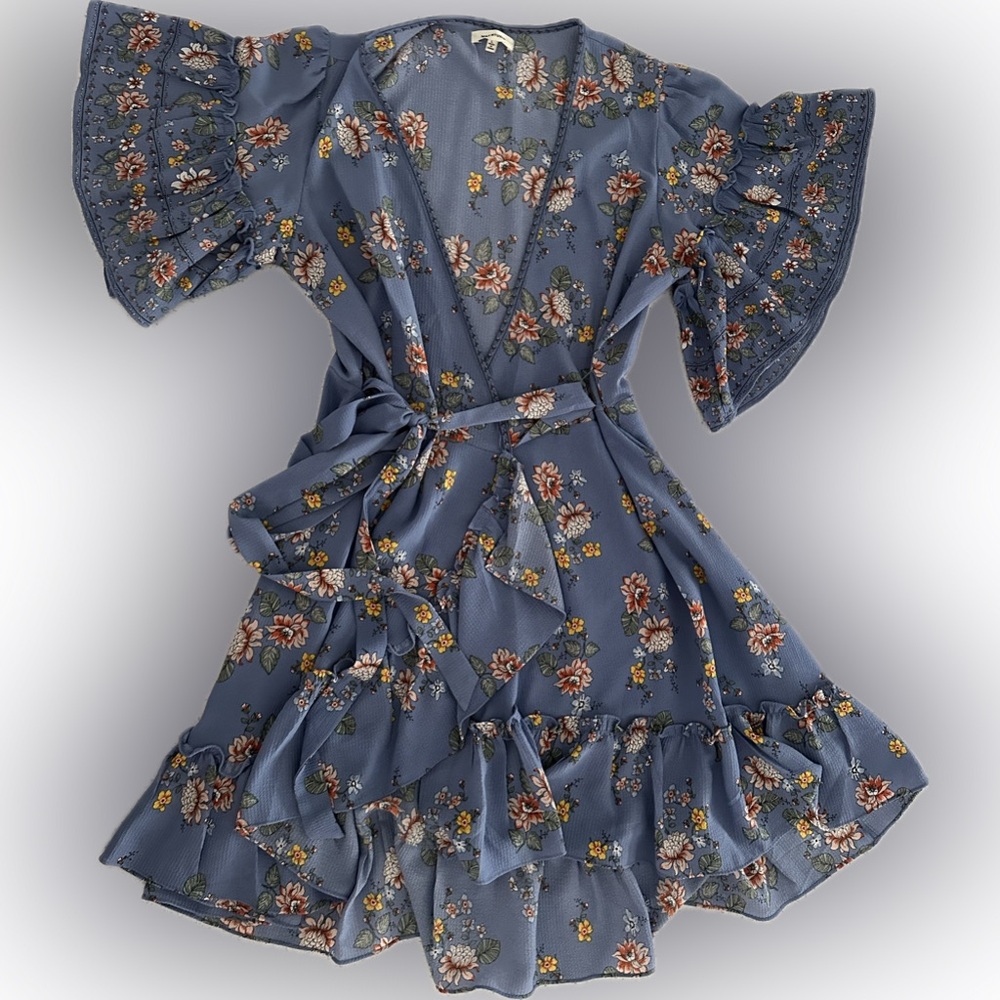 Max Studio Blue Floral Wrap Dress with Ruffle Hem & Bell Sleeves – Size L - Picture 2 of 3